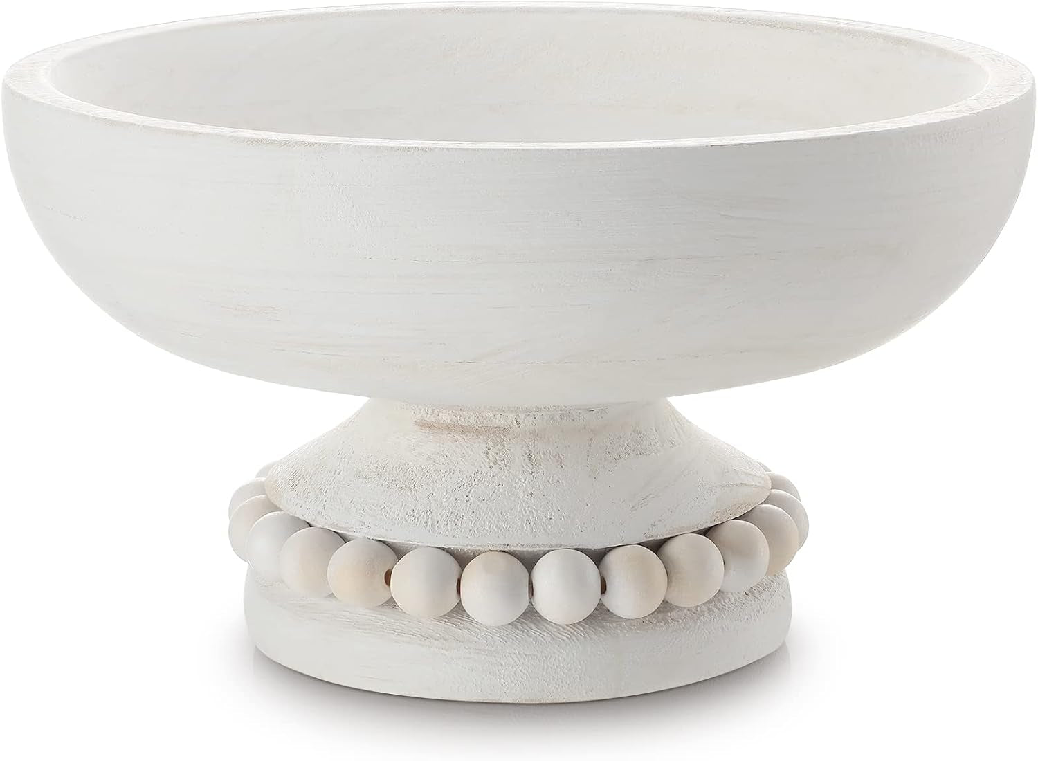 Wood Pedestal Decorative Bowl 8 Inch Wooden Distressed Beaded Bowl for Dining Table Centerpiece, Farmhouse, Serving and Home Décor(White)