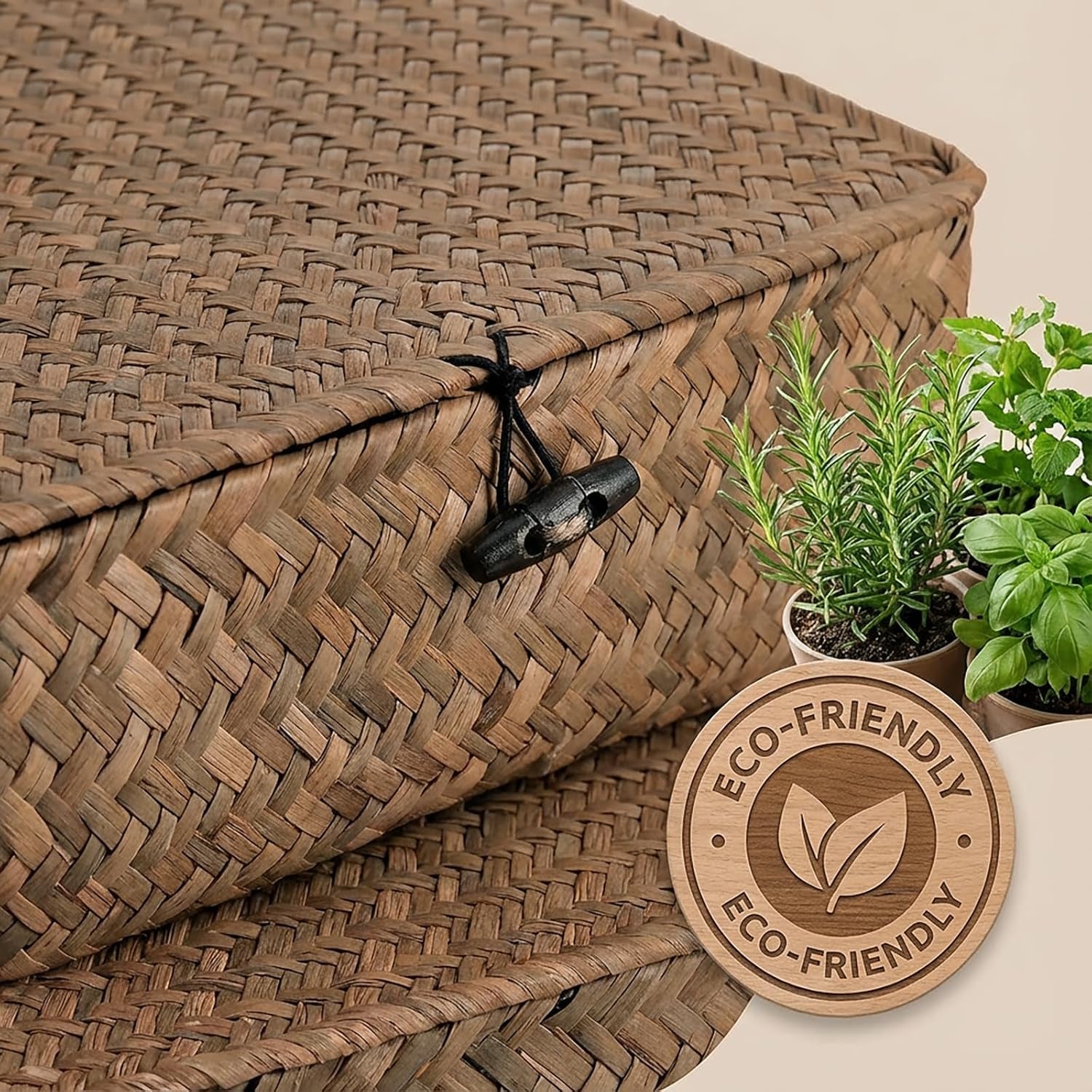 2 Pack Flat Wicker Woven Storage Bins with Lid and Wood Toggle, Natural Handmade Seagrass Basket Set, Rattan Organizer Bins for Shelf, Closet, Bedroom