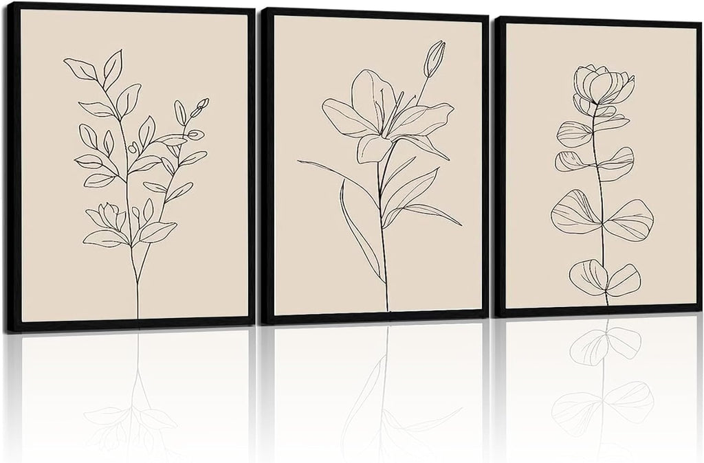 Minimalist Botanical Framed Wall Art, 3 Piece Set, 16X24 Inch | Soft Beige Palette • Delicate Linear Detail • Coordinated Gallery Look • Versatile Accent for Bedroom or Office