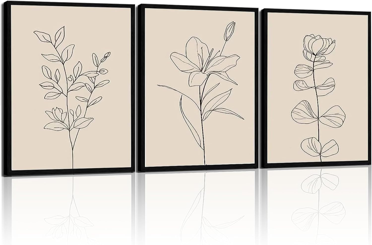 Minimalist Botanical Framed Wall Art, 3 Piece Set, 16X24 Inch | Soft Beige Palette • Delicate Linear Detail • Coordinated Gallery Look • Versatile Accent for Bedroom or Office