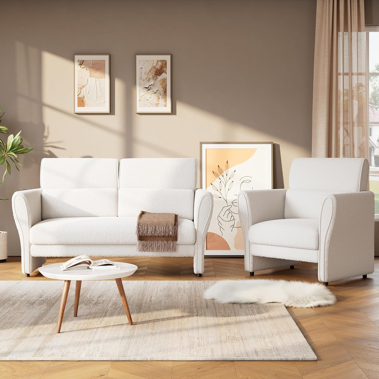 Modern Accent Chair, Boucle Upholstered Armchair for Living Room, Mid-Century Lounge Chair, Comfy Single Sofa for Bedroom, Ivory
