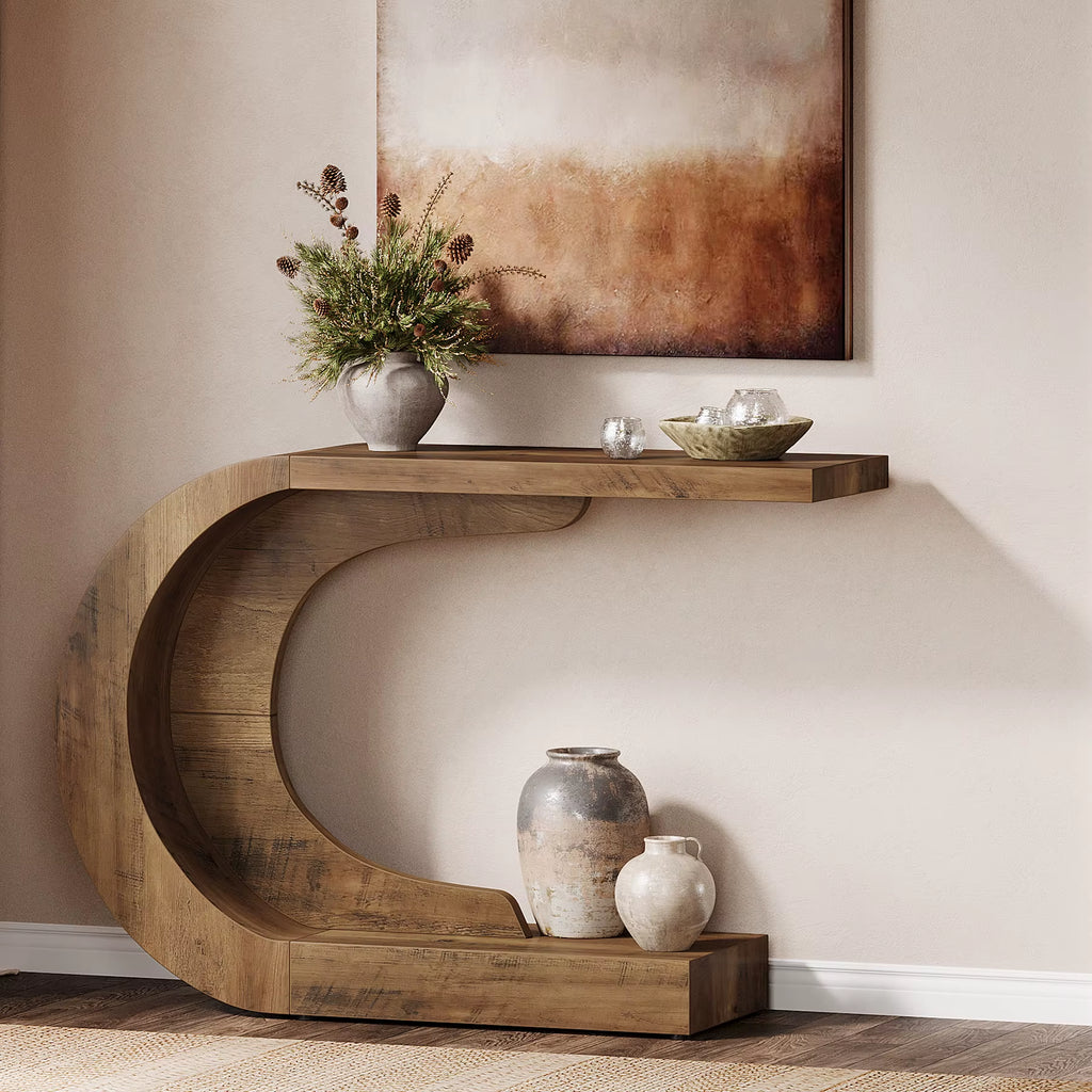43.3" Mid-Century Modern Console Table for Entryway, Wood C-Shaped Hallway Entry Accent Table for Living Room
