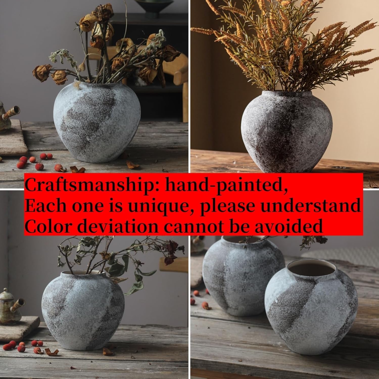 8.6" Large Rustic Distressed Ceramic Vase Farmhouse Home Decor Vases | round Wide Mouth Terracotta Minimalist Vintage Clay Stone Texture Decorative Vase for Coffee Table Centerpiece Living Room