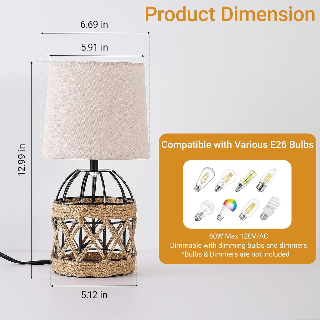 2 Pack Boho Rattan Table Lamps for Bedroom,Small Bedside Nightstand Lamp with Metal Cage Base Linen Shade,Farmhouse Coastal Rustic Living Room Bedroom Decor