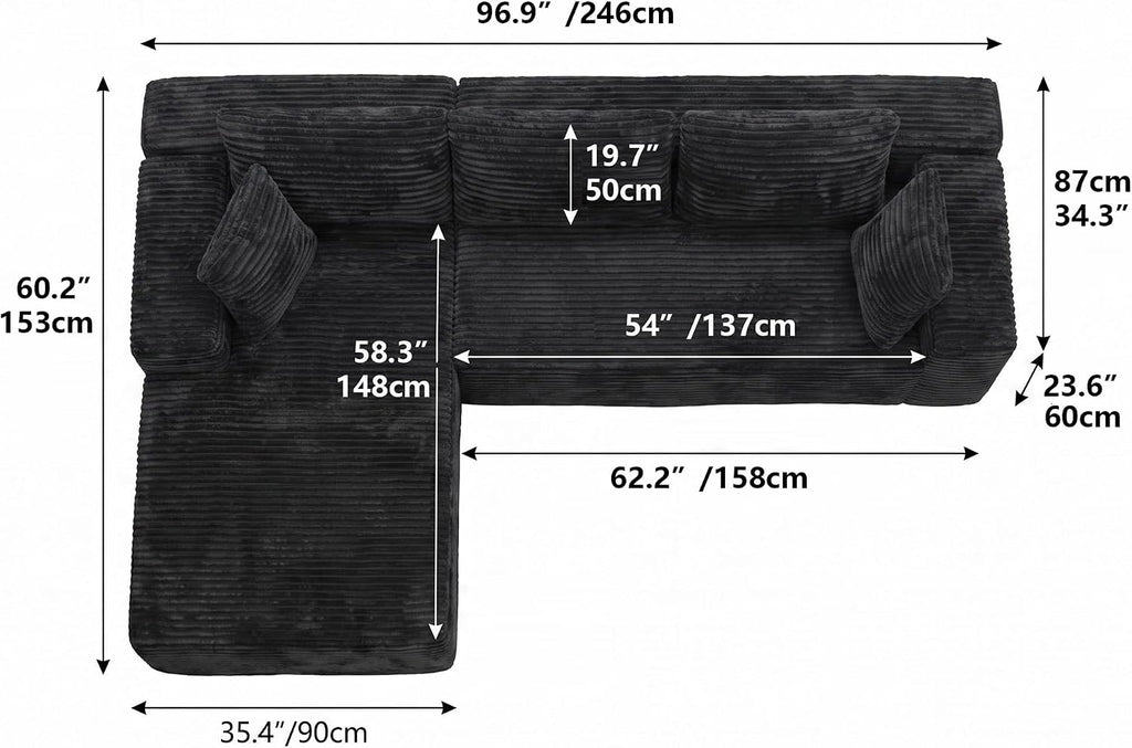 Boneless Couch Modular Sectional Sofa Cloud Couch | Oversized Deep-Seat Wide-Wale Corduroy L-Shaped Sectional Couch for Living Room, Apartment and Family Room
