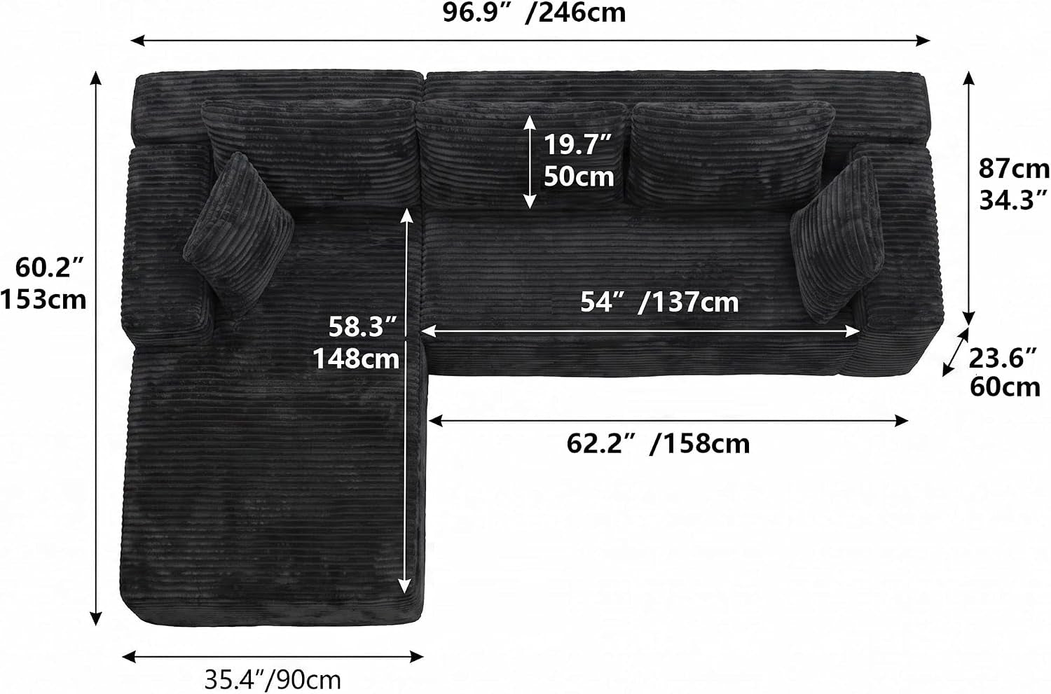 Boneless Couch Modular Sectional Sofa Cloud Couch | Oversized Deep-Seat Wide-Wale Corduroy L-Shaped Sectional Couch for Living Room, Apartment and Family Room
