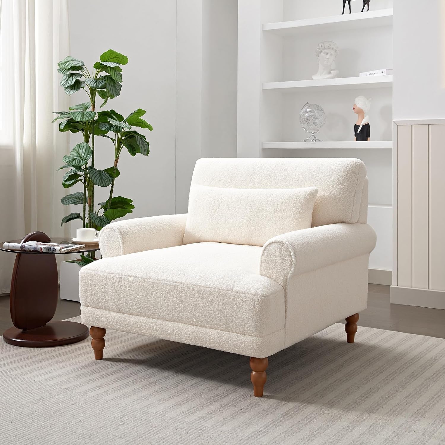 Accent Chair, Boucle Club Chair, Upholstered Lounge Chair, Large Size Armchair Roman Column Legs, Cozy Reading Single Sofa Chair for Living Room, Bedroom, Home Study, White