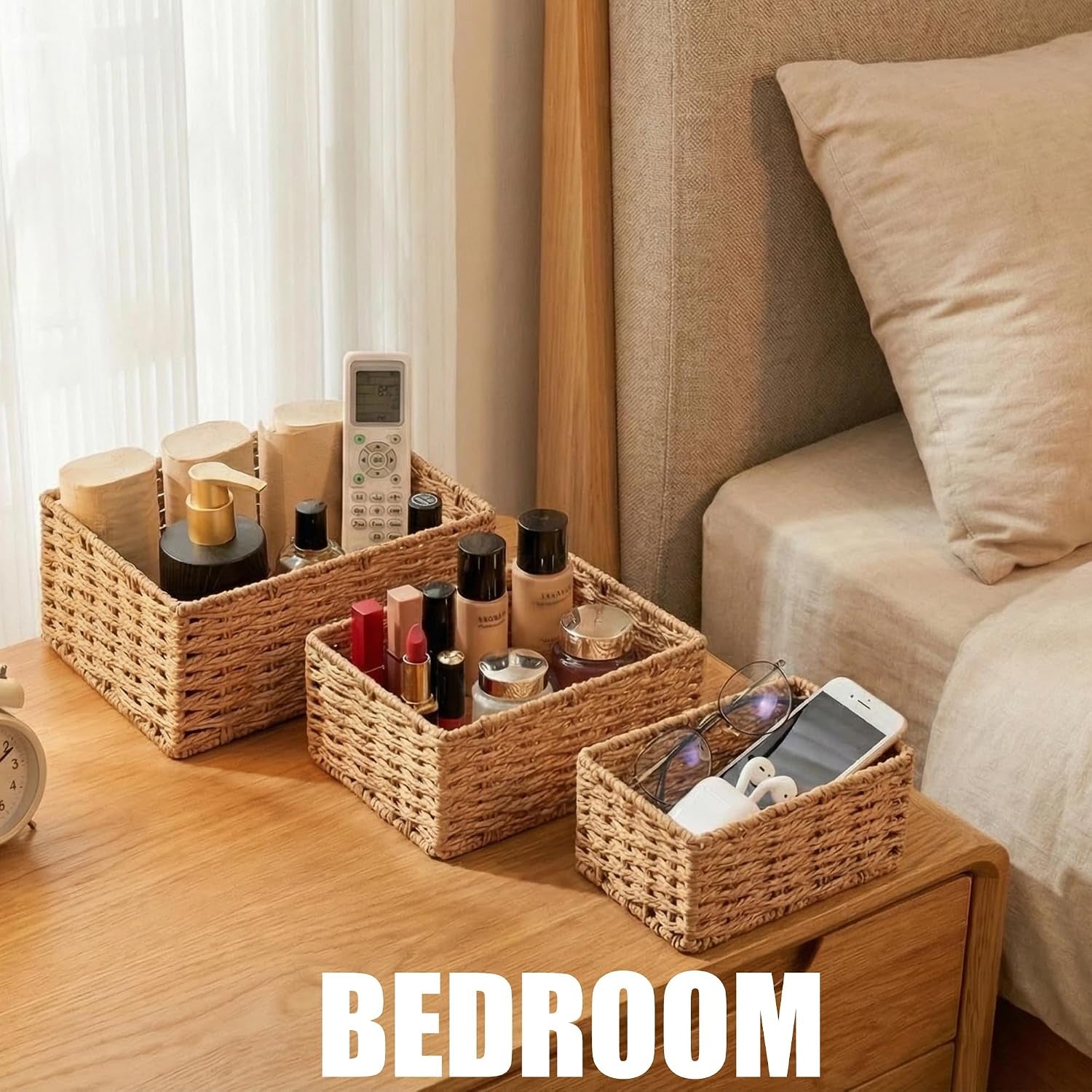 Small Wicker Basket for Organizing, Woven Storage Basket Sets of 3 | Handwoven Natural Paper Rope Baskets to Declutter Any Room, Perfect for Organizing and Home Decor