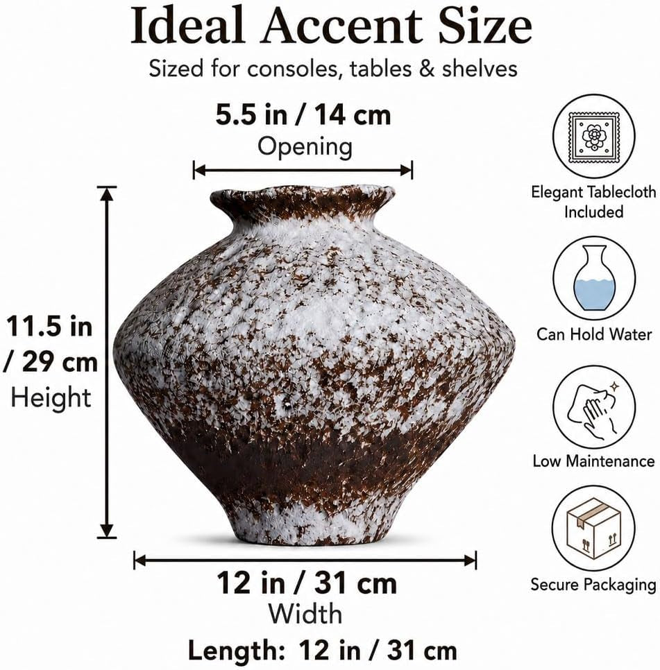 Wabi Sabi Rusty Vintage Vase, 11.4" Tall Wabi Sabi Decor Rustic Farmhouse Pottery Vase for Centerpiece, Textured Pottery Flower Vases for Home Decorative, Table, Living Room (Rusty White, Large)
