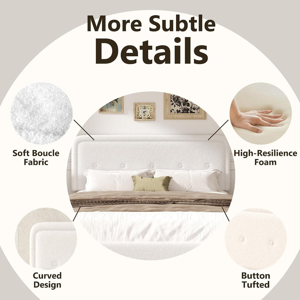 King Size Boucle Bed Frame with Adjustable Headboard, Cloud Boucle Upholstered Platform Bed Frame, Rounded Corners Design & Easy Assembly, Box Spring Optional, Noise Free, White