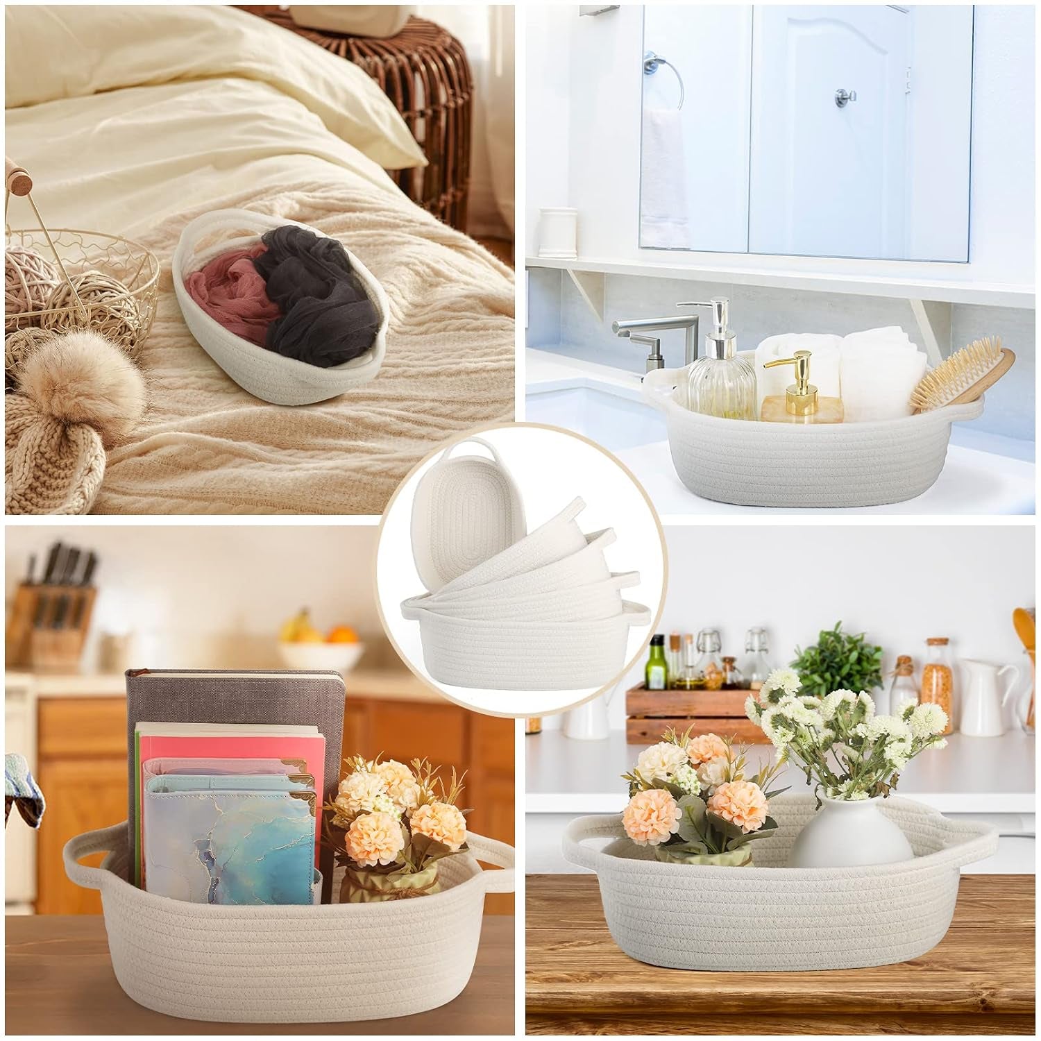 Set of 5 Rectangular Cotton Rope Baskets for Storage, Organizing, Decorating, off White