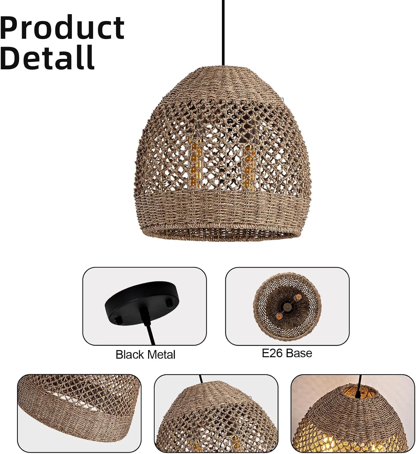 2-Light Rattan Pendant Light Boho Wicker Chandelier | 13.78" Handwoven Bamboo Lights Fixture ,Seagrass Ratan Hanging Lamp for Dining Kitchen Island Living Room Bedroom