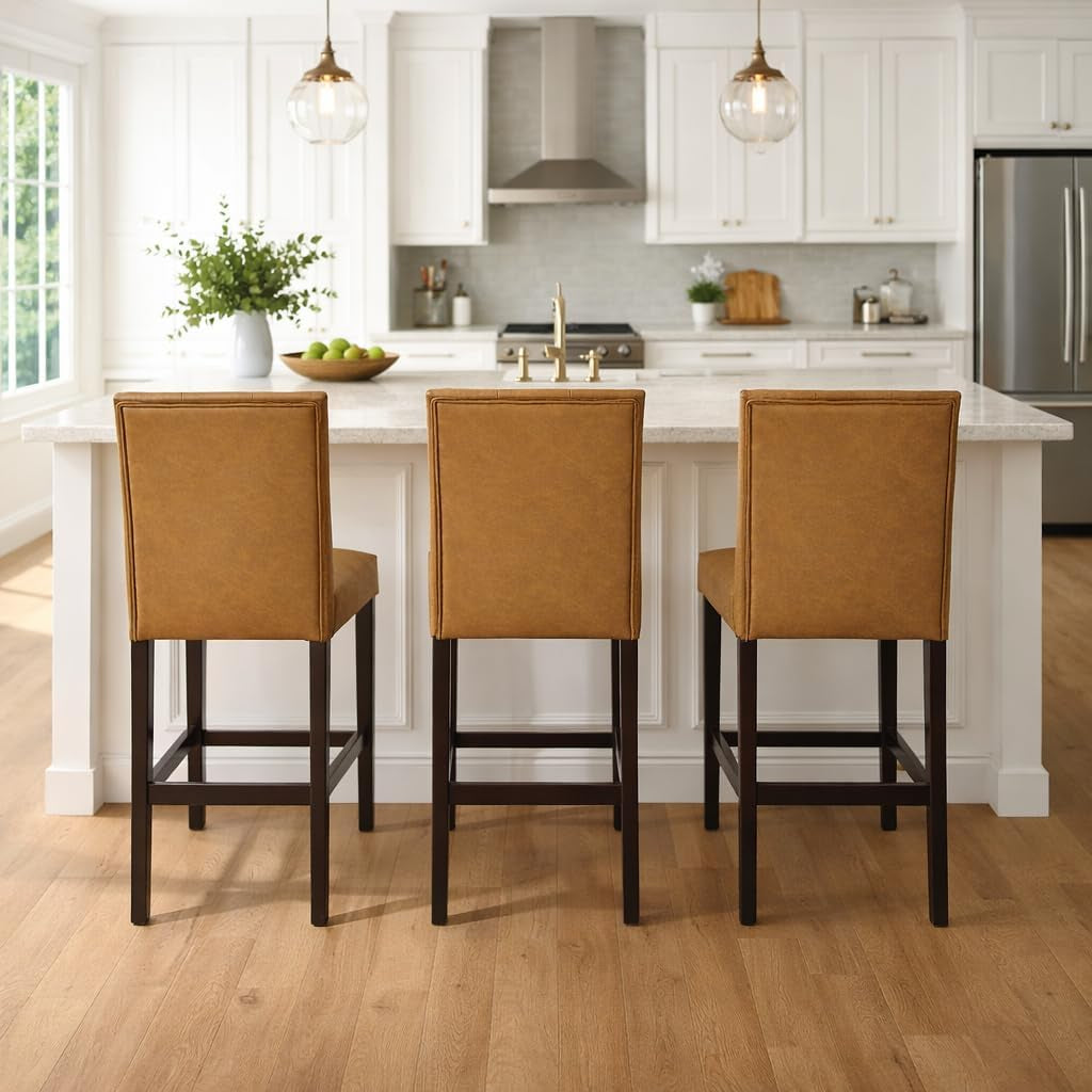 Button Tufted Counter Stool, 24-Inch, Carmel Faux Leather (Set of 2)