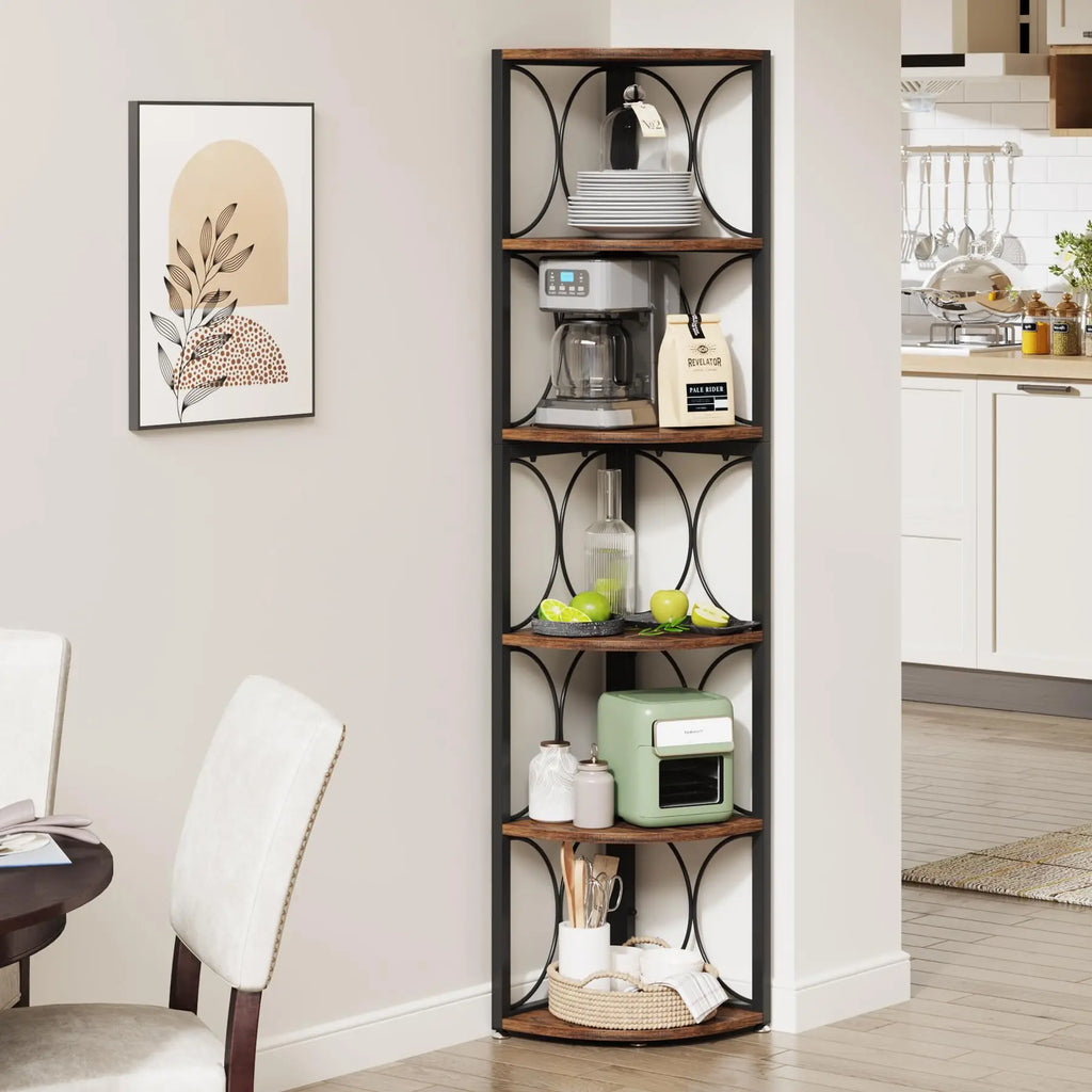 67 Inch Tall Corner Shelf, 6 Tier Rustic Corner Bookshelf Bookcase Storage Rack Standing Shelving Unit