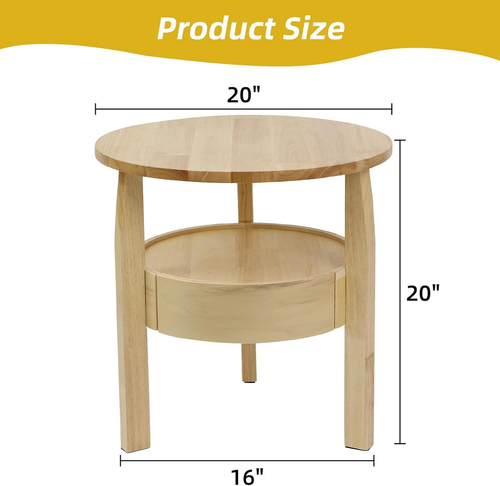 Round Coffee Table with Storage and Hidden Drawer - 20" D X 20" H Natural Wood Side Table with Sliding Drawer, Mid Century Modern Coffee Table, Small Coffee Table for Living Room, Natural Wood Color