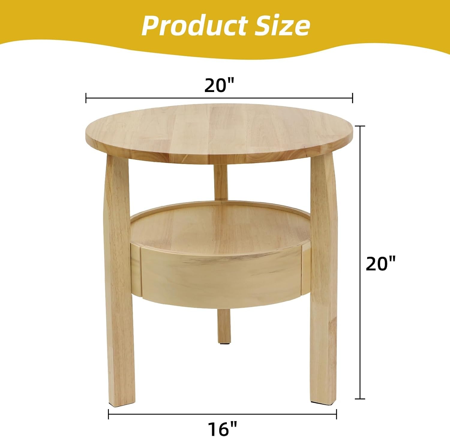 Round Coffee Table with Storage and Hidden Drawer - 20" D X 20" H Natural Wood Side Table with Sliding Drawer, Mid Century Modern Coffee Table, Small Coffee Table for Living Room, Natural Wood Color