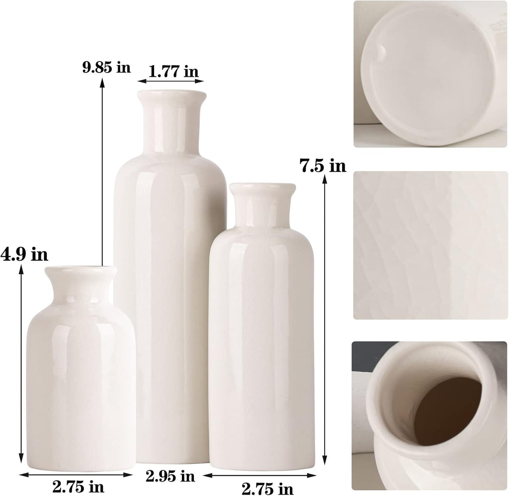 White Ceramic Vase Set - 3 White Small Vases, Farmhouse Country Flower Vase Home Decor, Living Room Decoration, Table Decoration, Fireplace Decor, and Entrance Decorations Centerpieces