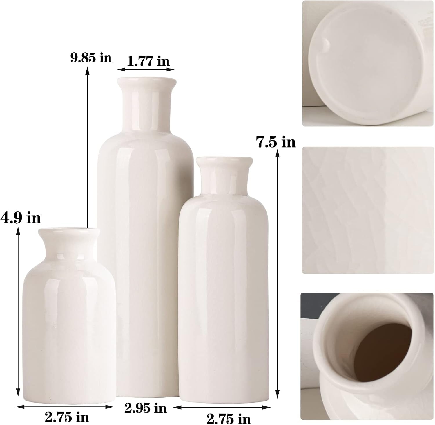 White Ceramic Vase Set - 3 White Small Vases, Farmhouse Country Flower Vase Home Decor, Living Room Decoration, Table Decoration, Fireplace Decor, and Entrance Decorations Centerpieces