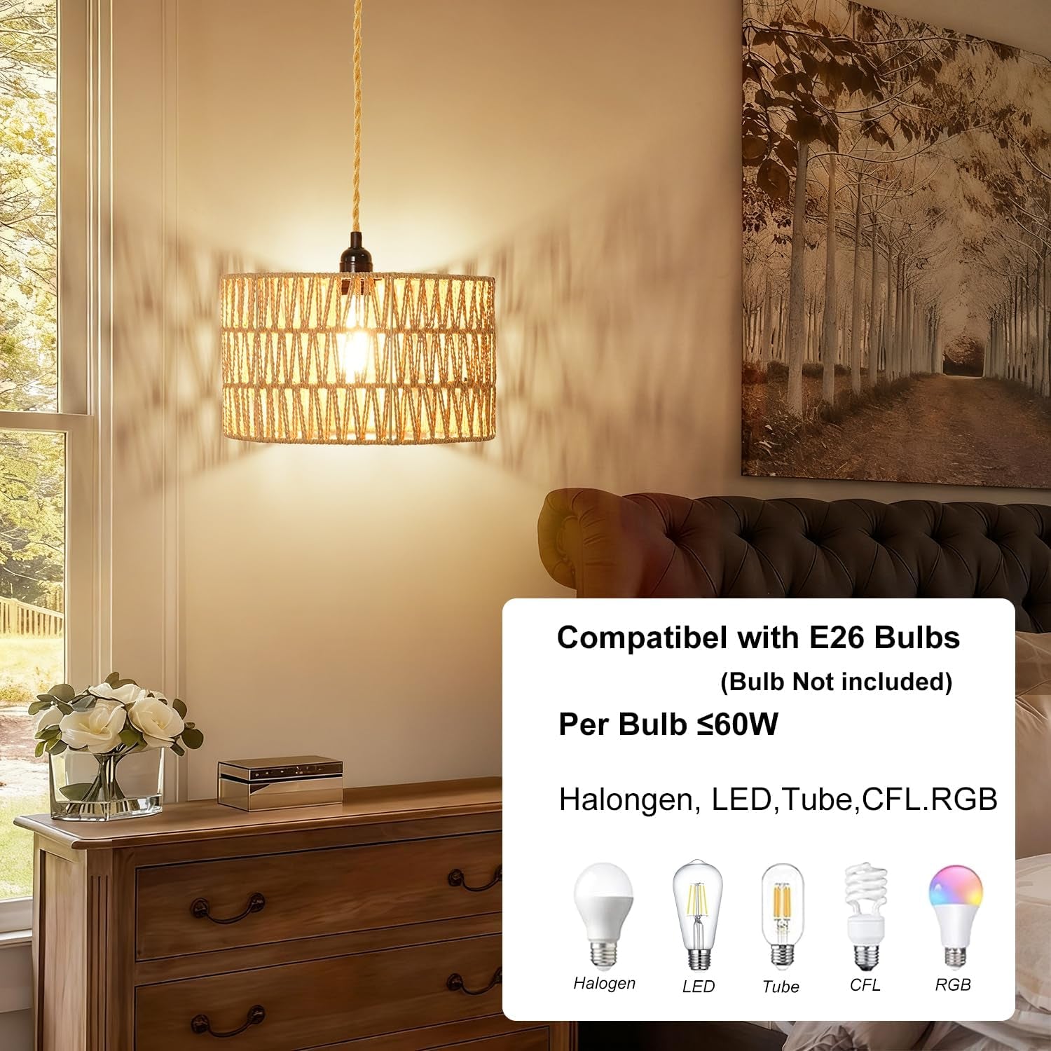 Wicker Pendant Light Plug In, Hand-Woven Jute Swag Light with Adjustable Cord, Boho Plug in Pendant Light Rattan Hanging Lamp for Living Room, Dining Room, Corridor Foyer, Gift Use(Nobulb)