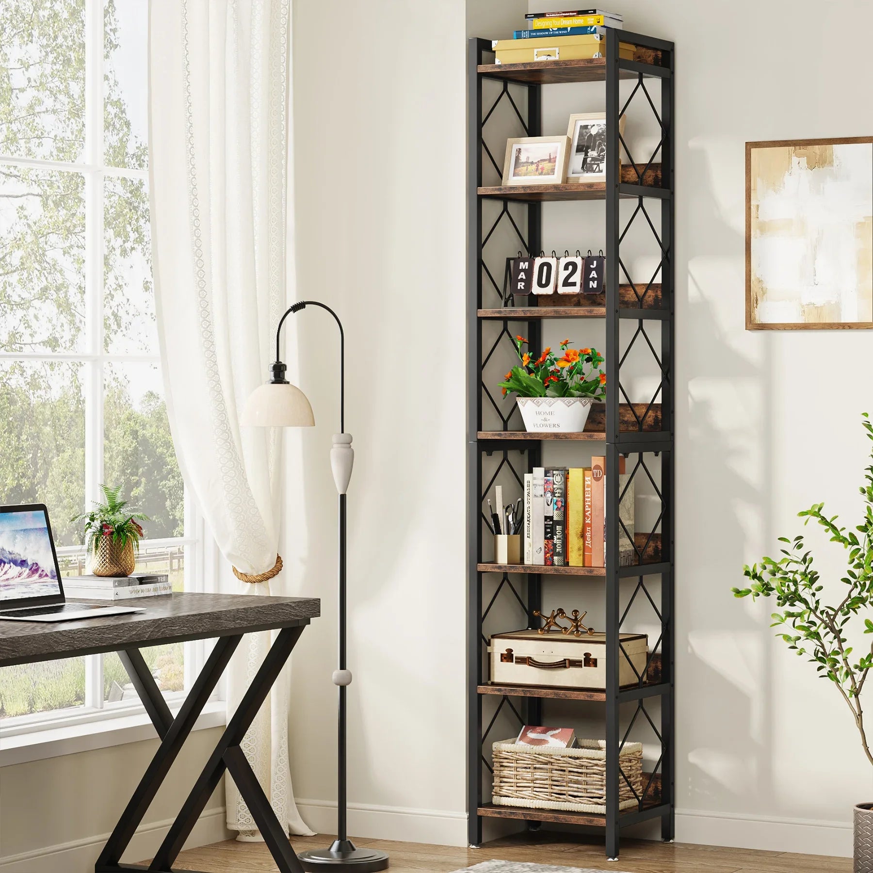 78.7 Inch Extra Tall Narrow Bookshelf, 7 Tier Skinny Bookcase for Small Spaces, Freestanding Display Shelves