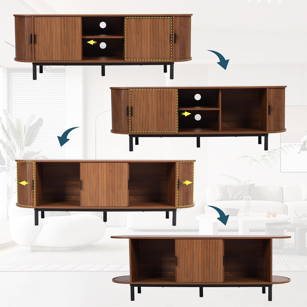 62" Tambour Door TV Stand,Wood Mid Century Modern TV Cabinet for up to 70“ Tv,Curved Edge Long TV Stand with Storage for Bedroom Living Room(Walnut, 62.2Inch)