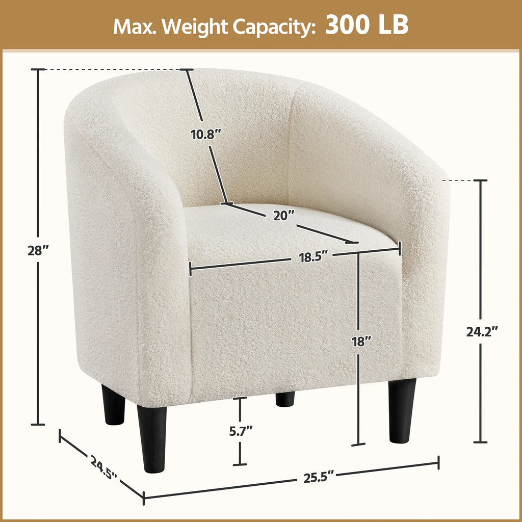 Upholstered Club Chair Boucle Accent Barrel Chair, Ivory