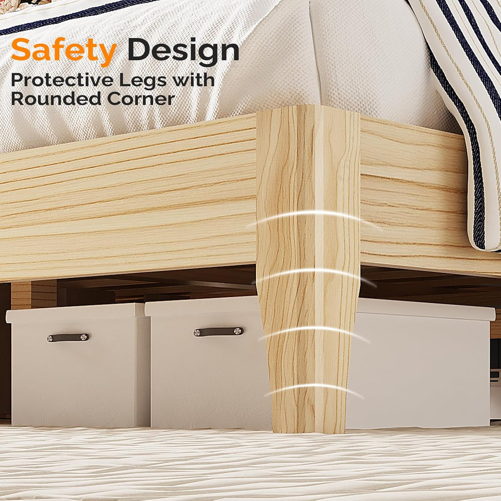 King Bed Frame with Fluted Headboard, Solid Wood Platform Bed with Slat Support,Boho Bedroom Furniture,Natural Wood