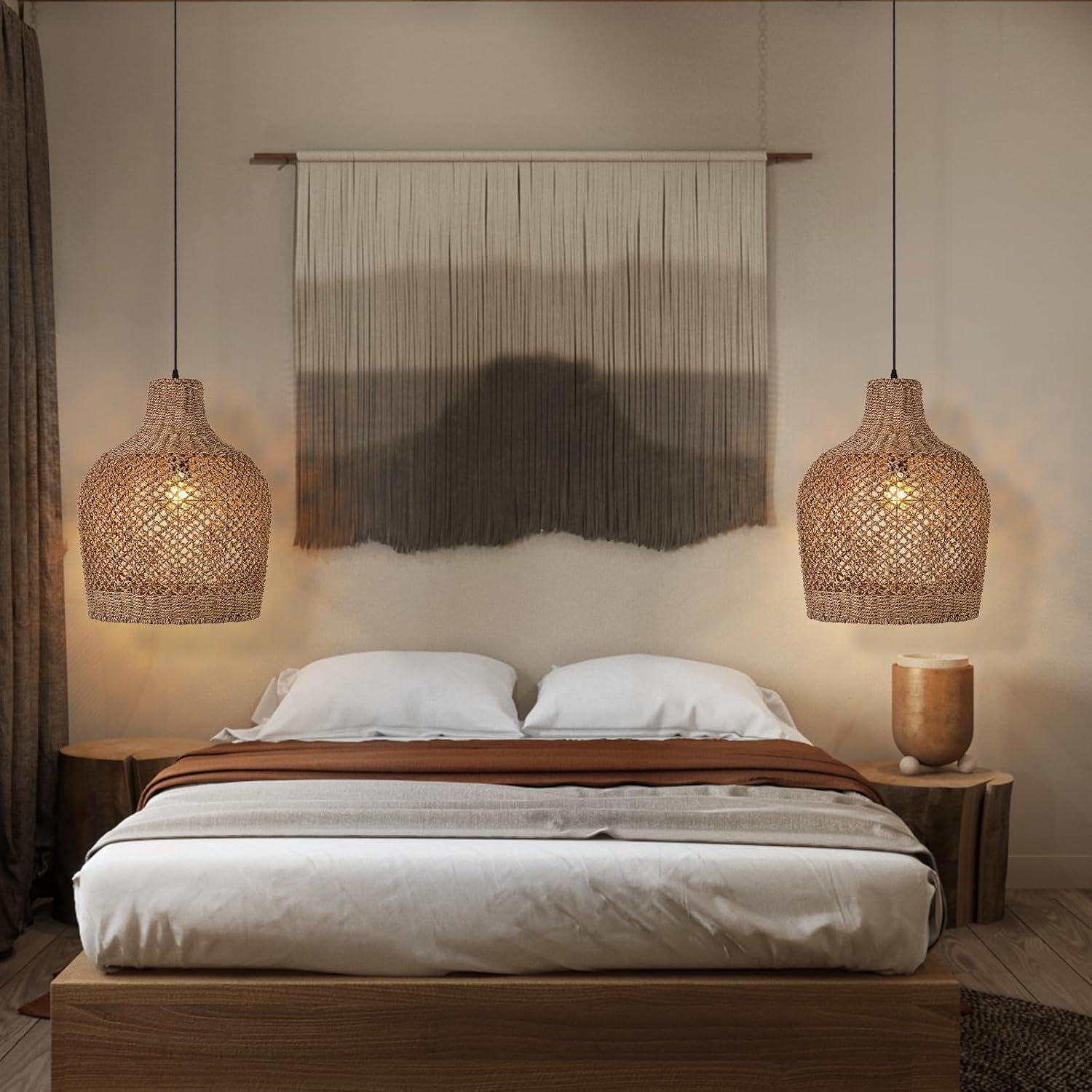 1 Light Rattan Pendant Light Rattan Chandelier Handwoven Boho Coastal Pendant Lampshade Wicker Basket Ceiling Light Hanging Light for Dining Living Room D 15.7″* 19.6″