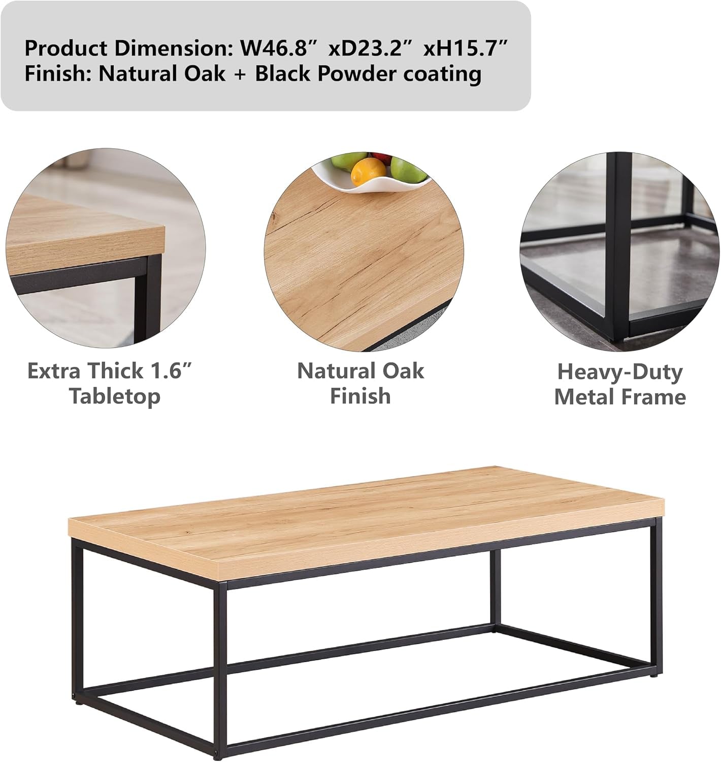 Natural Oak Coffee Table & End Table Set, 3-Piece Living Room Bundle – 47" Rectangle Center Table + 18" Square Side Table, Modern Industrial Wood & Metal Design (White Oak Finish)
