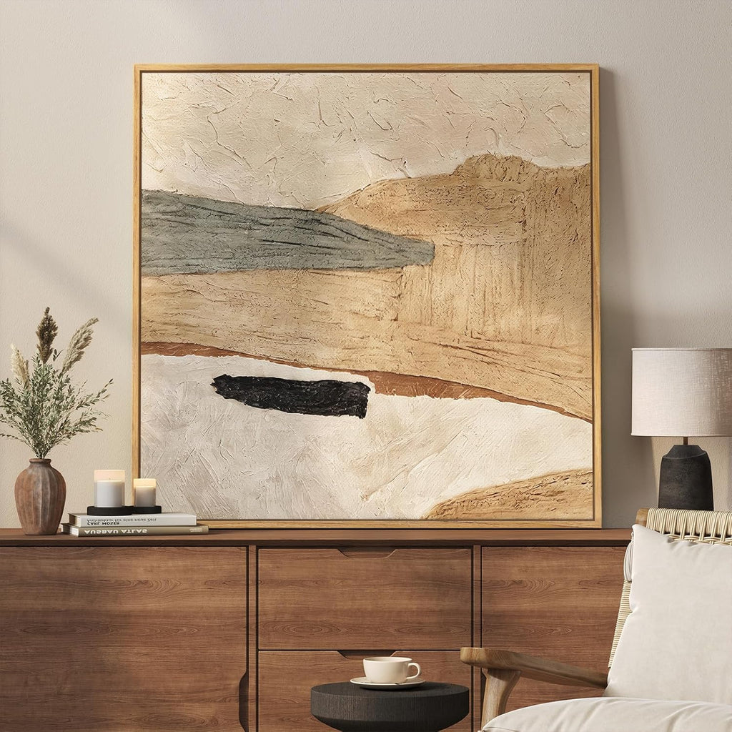 Framed Neutral Organic Abstract Canvas Wall Art for Dining Room, 30X30 Inch | Earth Tone, Canvas Prints, Modern Pictures, Beige Tan Gray, Wood Frame, Minimalist Artwork, Dining Room, Bedroom Wall Decor