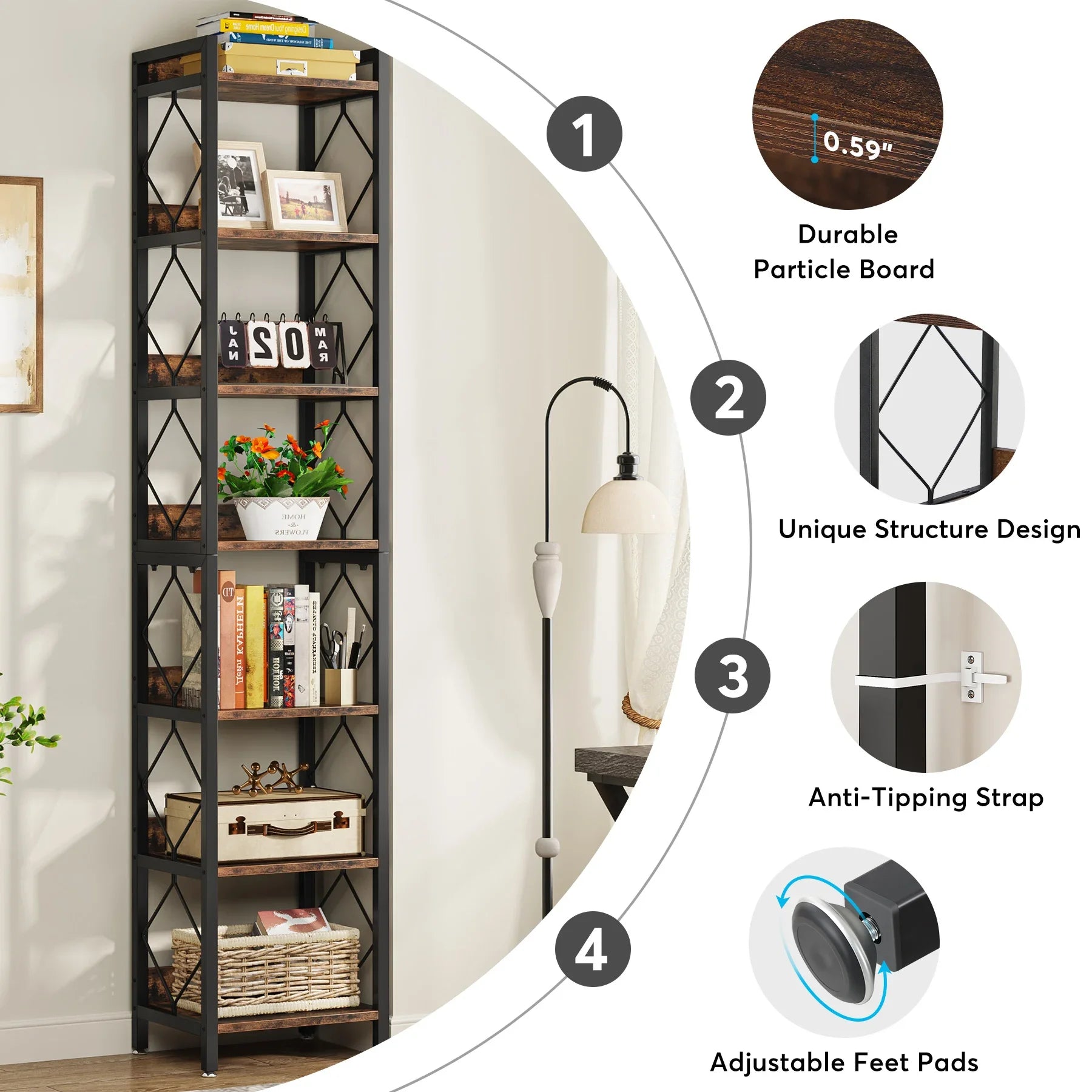 78.7 Inch Extra Tall Narrow Bookshelf, 7 Tier Skinny Bookcase for Small Spaces, Freestanding Display Shelves