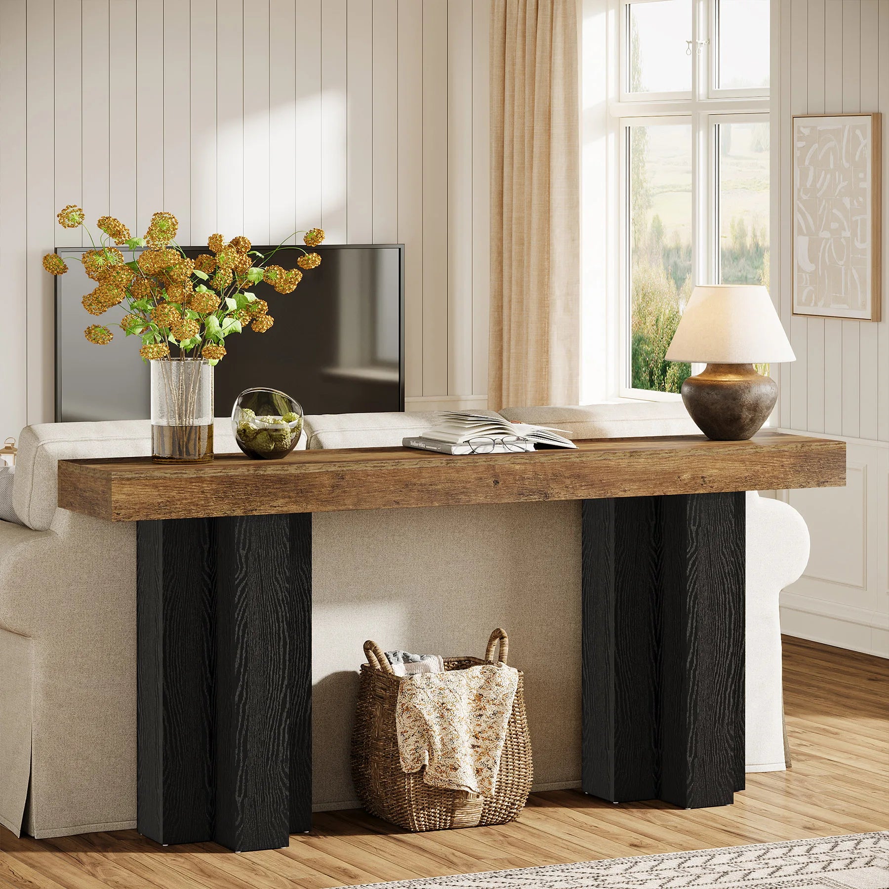 63-Inch Console Table for Entryway, Farmhouse Entryway Table with Sturdy Legs, Narrow Long Sofa Console behind Couch for Living Room, Hallway, Foyer, Rustic Brown and Black