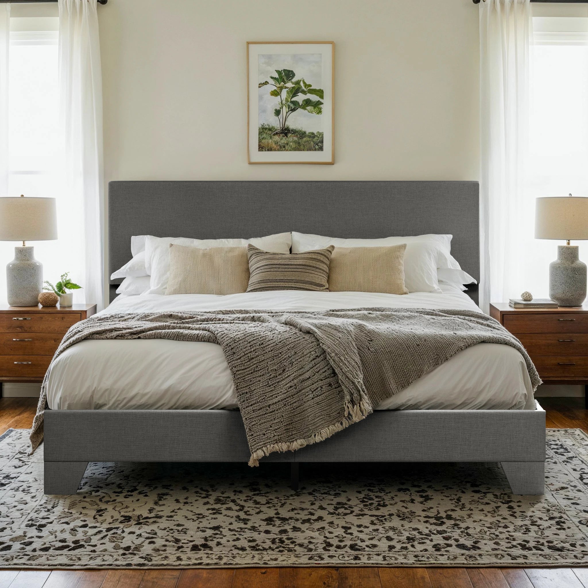 Upholstered linen bed frame with adjustable headboard