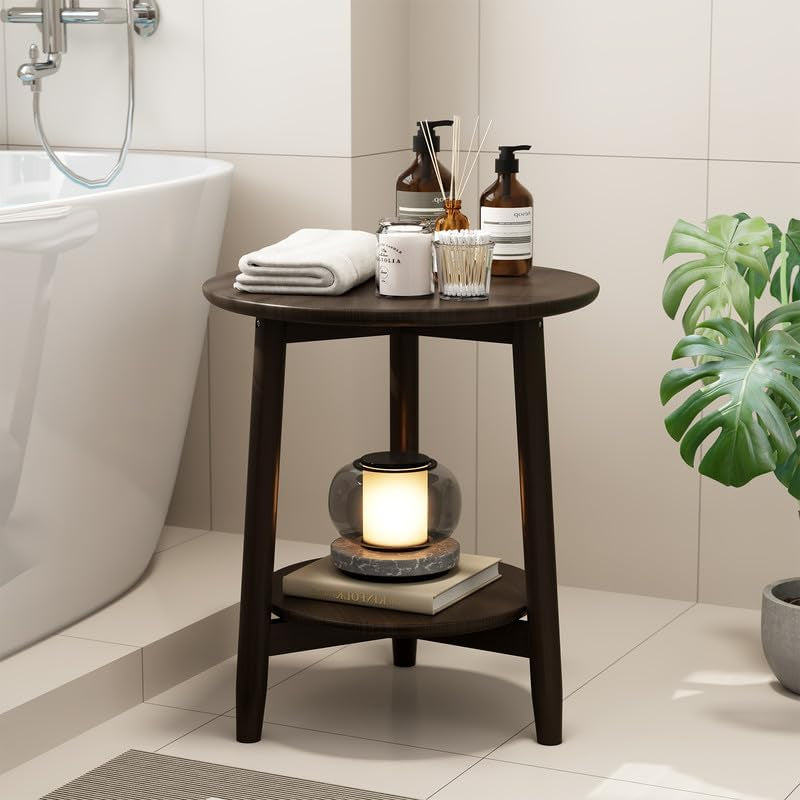 Solid Wood round End Table with Lower Shelf, round Side Table, Dark Walnut | Solid Wood round End Table with Lower Shelf for Storage,Small round Coffee Table.Fits Small Spaces in Living Room or Bedroom.