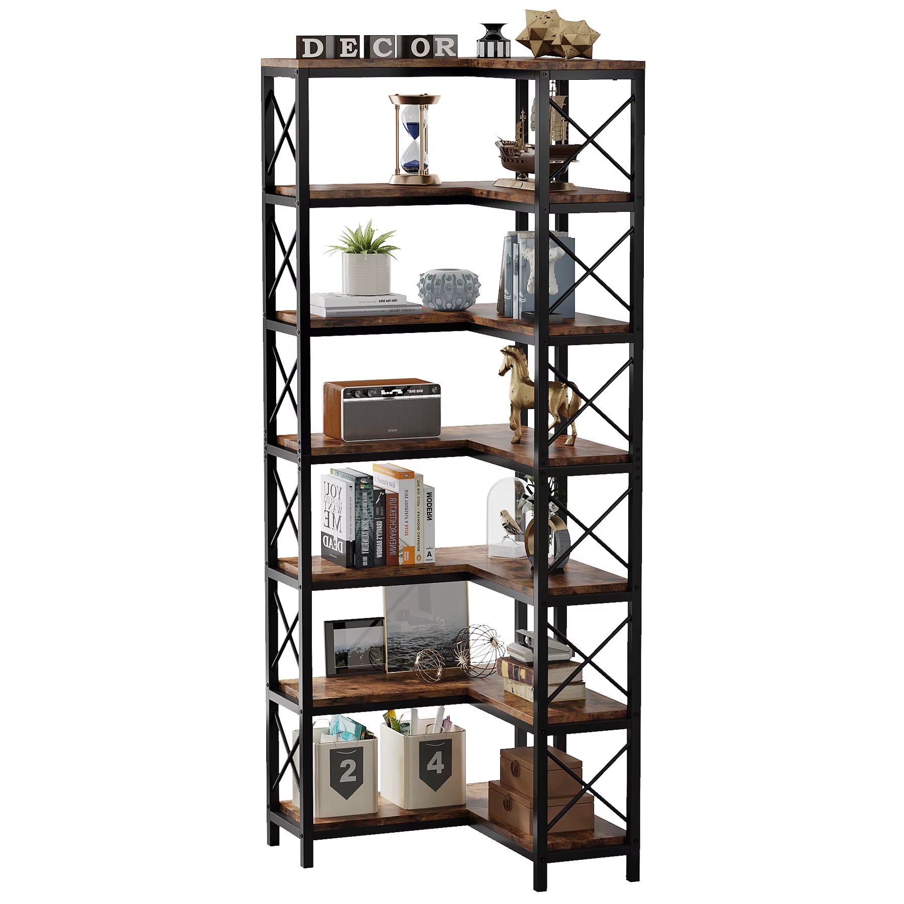 Seven tier corner bookshelf with metal frame