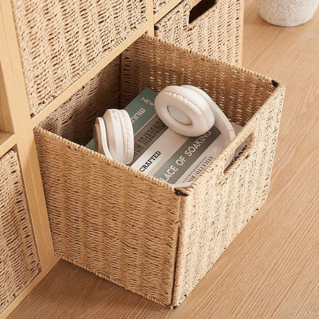 8.6 Inch Set of 2 Wicker Baskets, Woven Storage Baskets for Shelves with Handles, Foldable Cube Storage Basket Bins