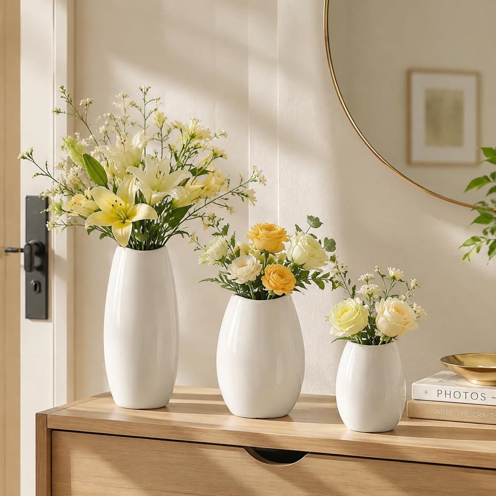 Ceramic Vase Set of 3 White Flower Vase for Home Decor, Modern Decorative Vases for Flowers/Ideal Shelf Decor/Table/Living Room/Kitchen/Office-White