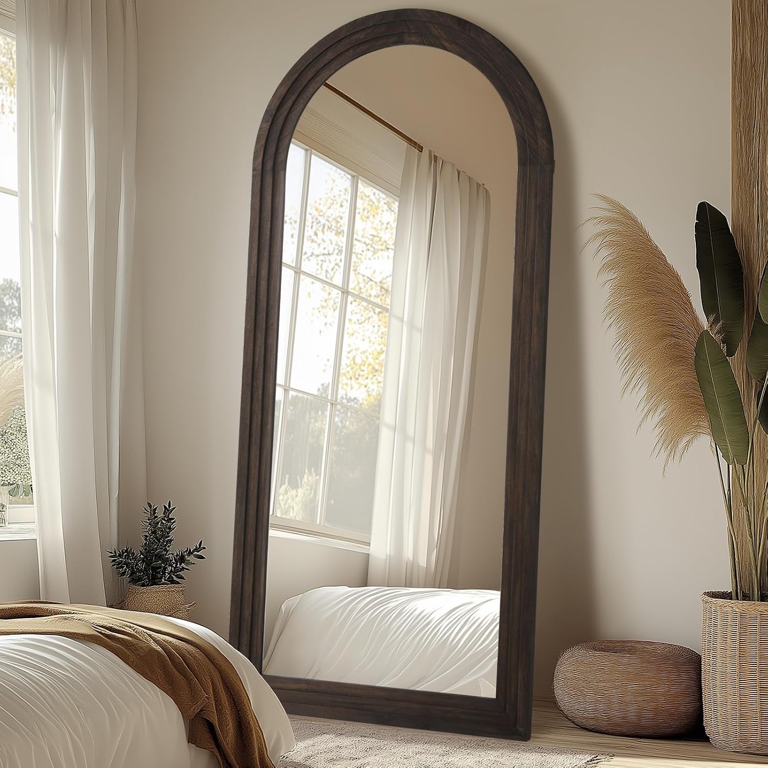 Large Arched Wood Mirror Full Length, 71"X32" Rustic Floor Mirror | Farmhouse with Stand, for Bedroom Living Room Dressing Room Entryway, Free Standing Leaning or Wall Mounted, Brown