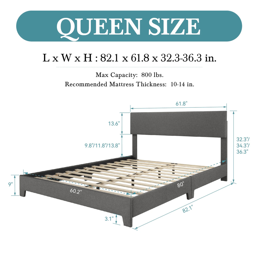 Upholstered linen bed frame with adjustable headboard