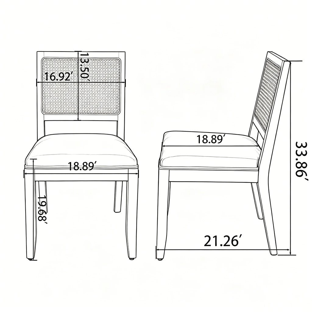 Farmhouse Rattan Dining Chairs Set of 2, Mid Century Modern Cane Kitchen Chairs with Natural Solid Wood Frame & Linen Upholstered Cushion, French Country Side Chairs for Dining Room Beige