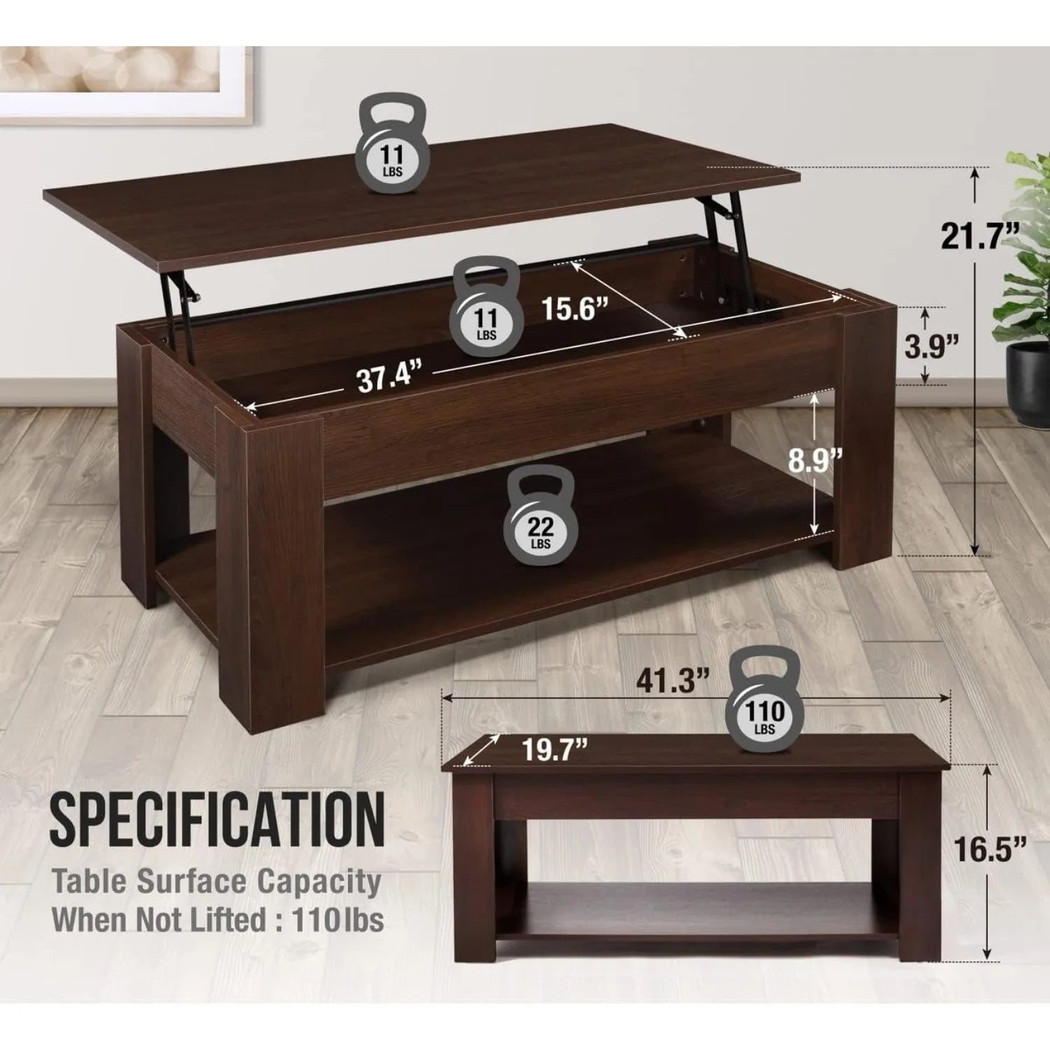 41" Lift Top Coffee Table with Hidden Storage Compartment & Rising Tabletop