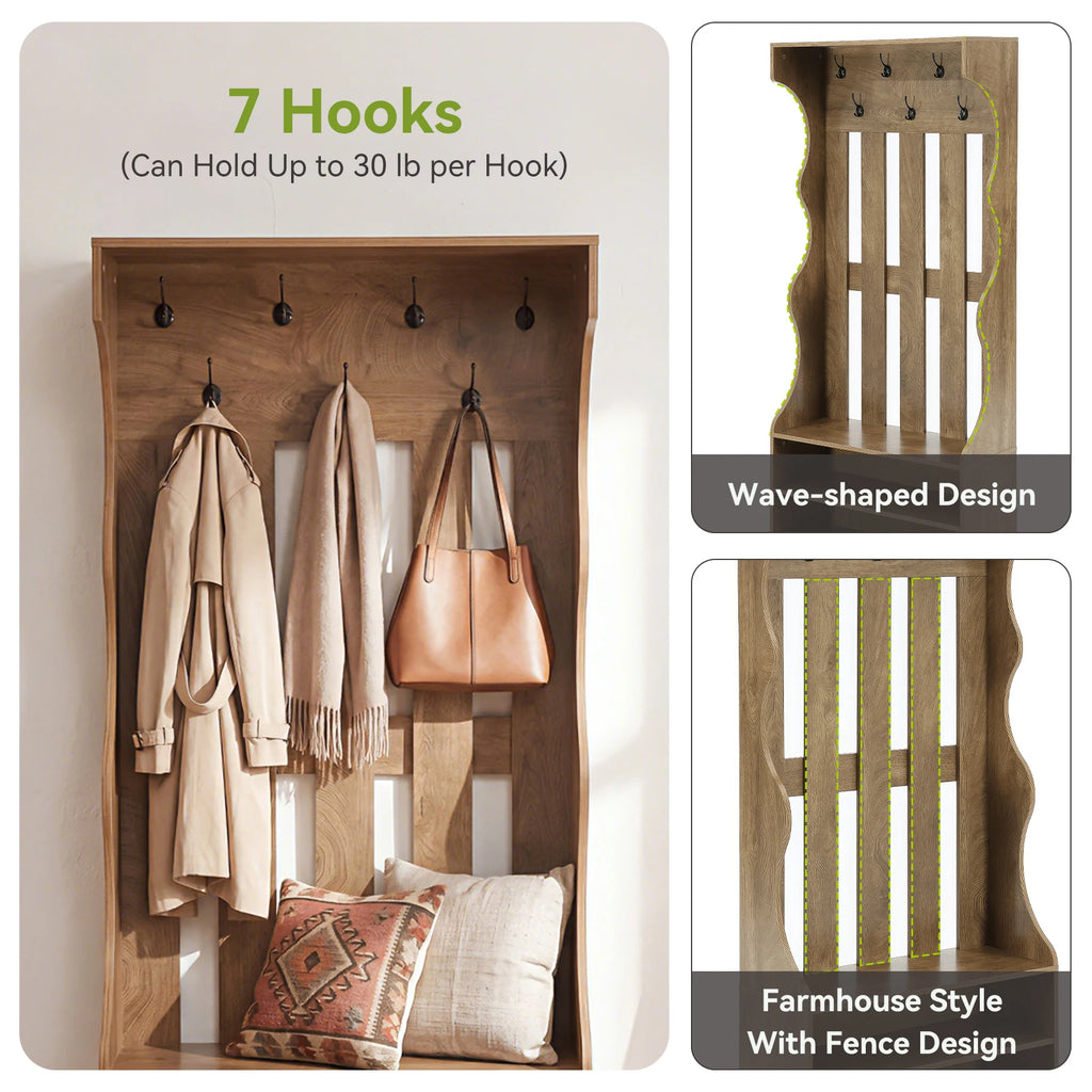 3-In-1 Coat Rack with Shoe Bench, 70.9" Tall Hall Tree with 7 Hooks, Farmhouse Entryway Coat Rack with 2 Tier Shoe Storage for Entryway, Living Room, Bedroom, Brown