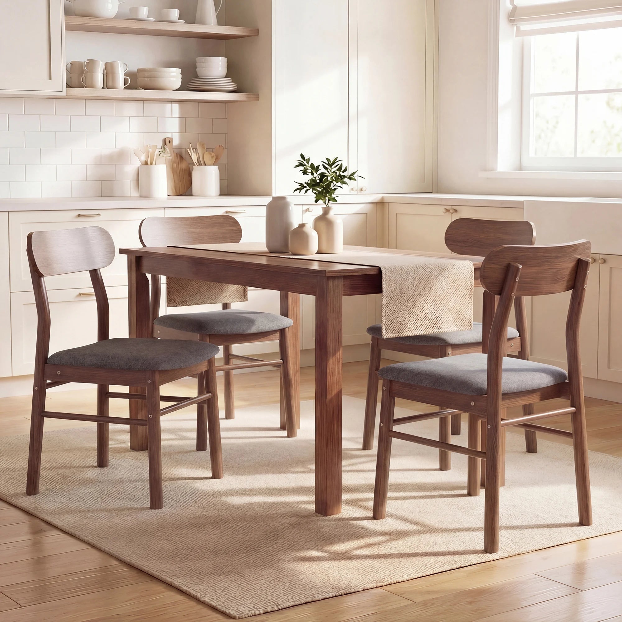 Dining Chairs Set of 4, Upholstered Solid Wood Kitchen Chairs, Mid-Century Modern Dining Room Chairs with Ergonomic Curved Backrest, Gray