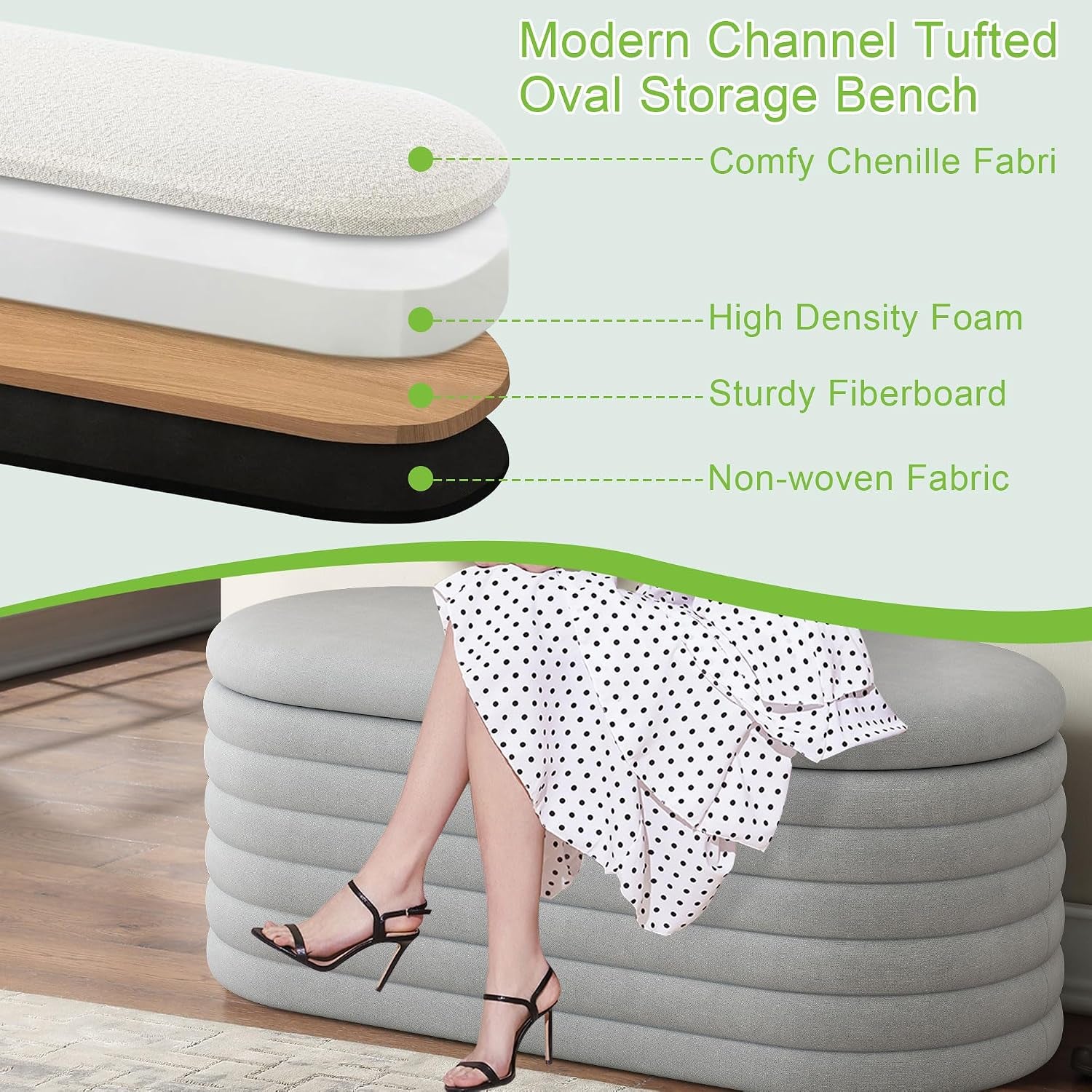 Storage Ottoman Bench,Chenille Upholstered Fabric Storage Bench for Bedroom End of Bed,Oval Ottoman with Storage & Safty Hinges,Entryway Bench for Living Room,Hallway,Front of Window,40"