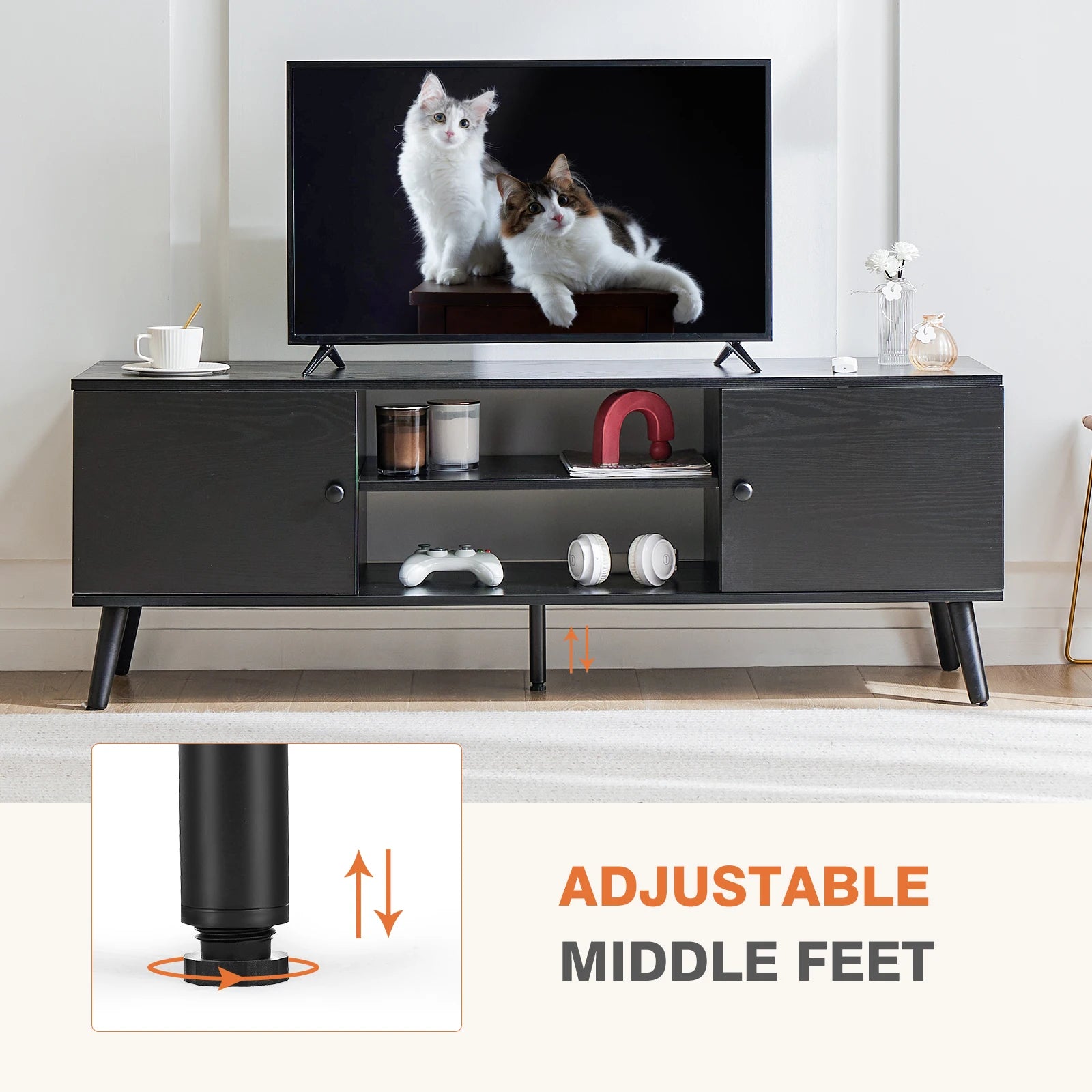 Wooden Fireplace Tv Stand for up to 60 Inch TV Entertainment Center for Living Room Media Console Adjustable Shelf 2 Storage