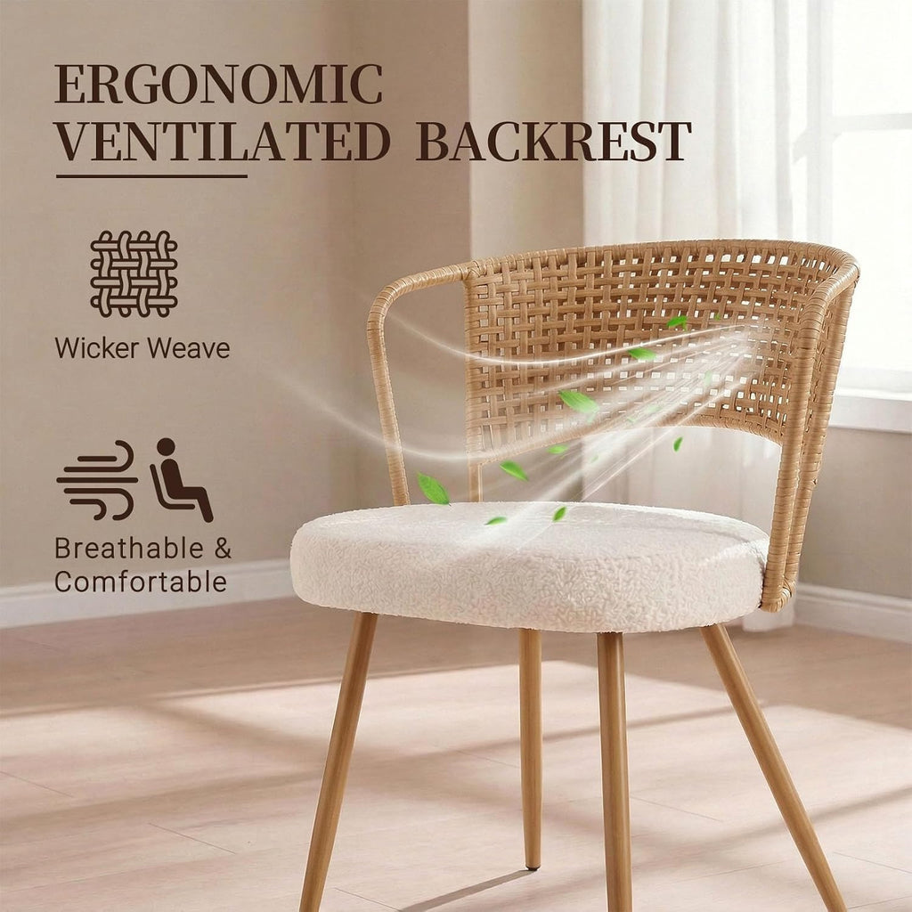 Wicker Dining Chairs Set of 4, Farmhouse Cane Back Kitchen Chairs with Upholstered Cushion, Wingback Rattan Dining Chair with Metal Legs & Adjustable Feet, Modern Dining Room Chairs, Brown