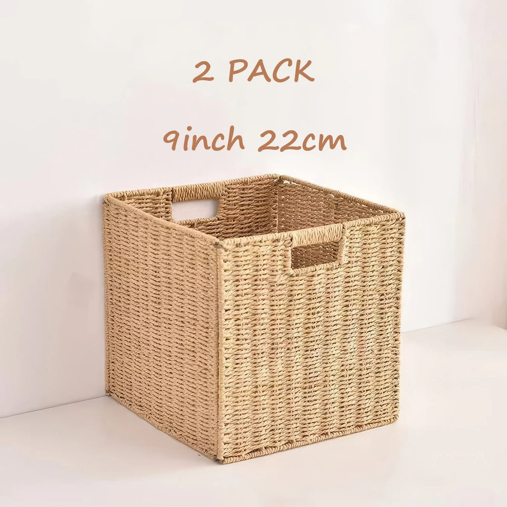 8.6 Inch Set of 2 Wicker Baskets, Woven Storage Baskets for Shelves with Handles, Foldable Cube Storage Basket Bins