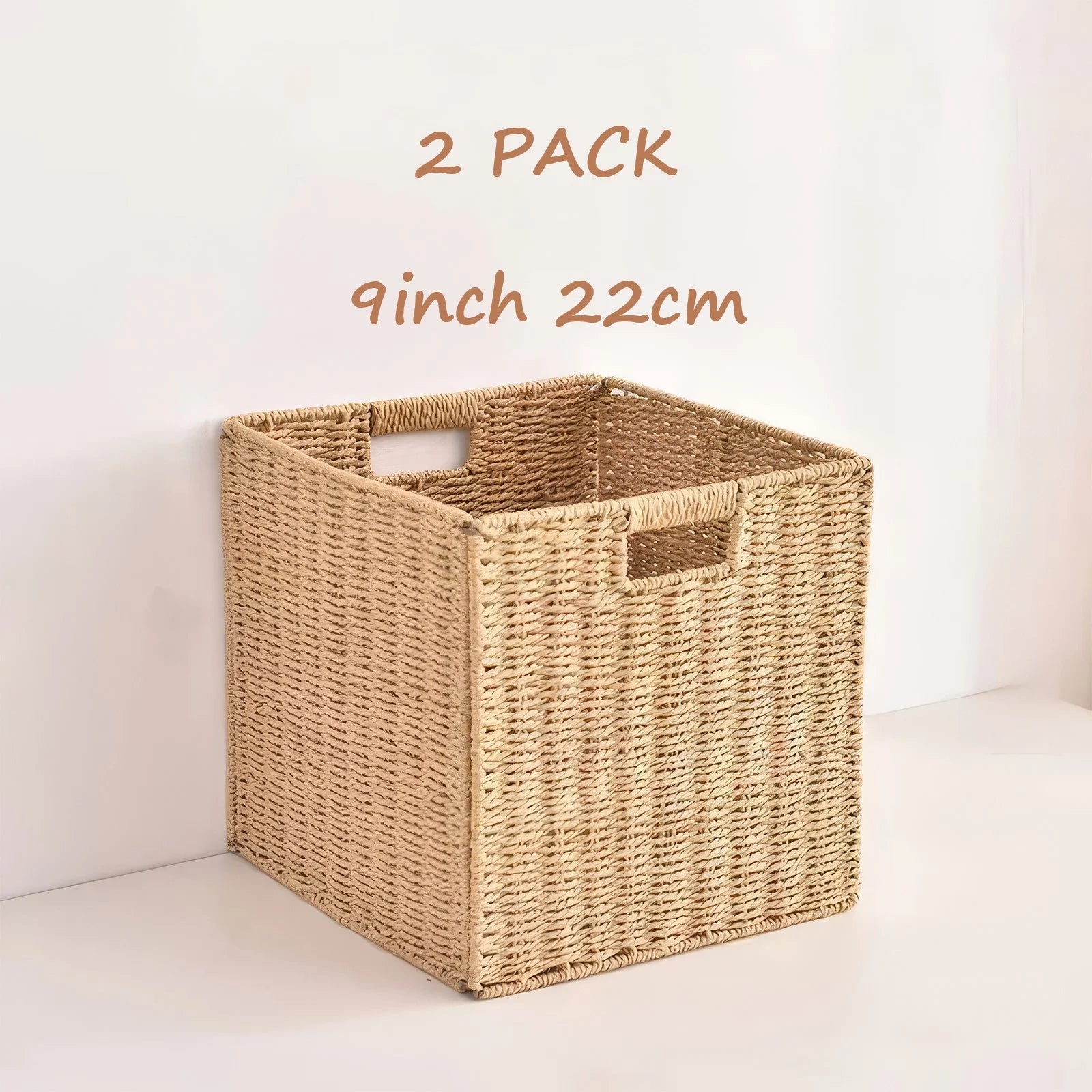 8.6 Inch Set of 2 Wicker Baskets, Woven Storage Baskets for Shelves with Handles, Foldable Cube Storage Basket Bins
