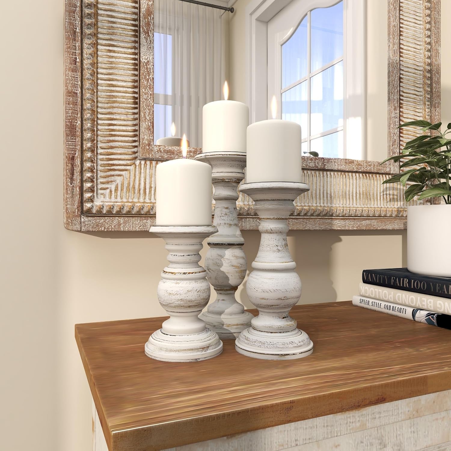 Deco 79 Mango Wood Decorative Candle Holder Turned Style Pillar Candle Stand, Set of 3 Candlestick Holder 10", 8", 6”H, White