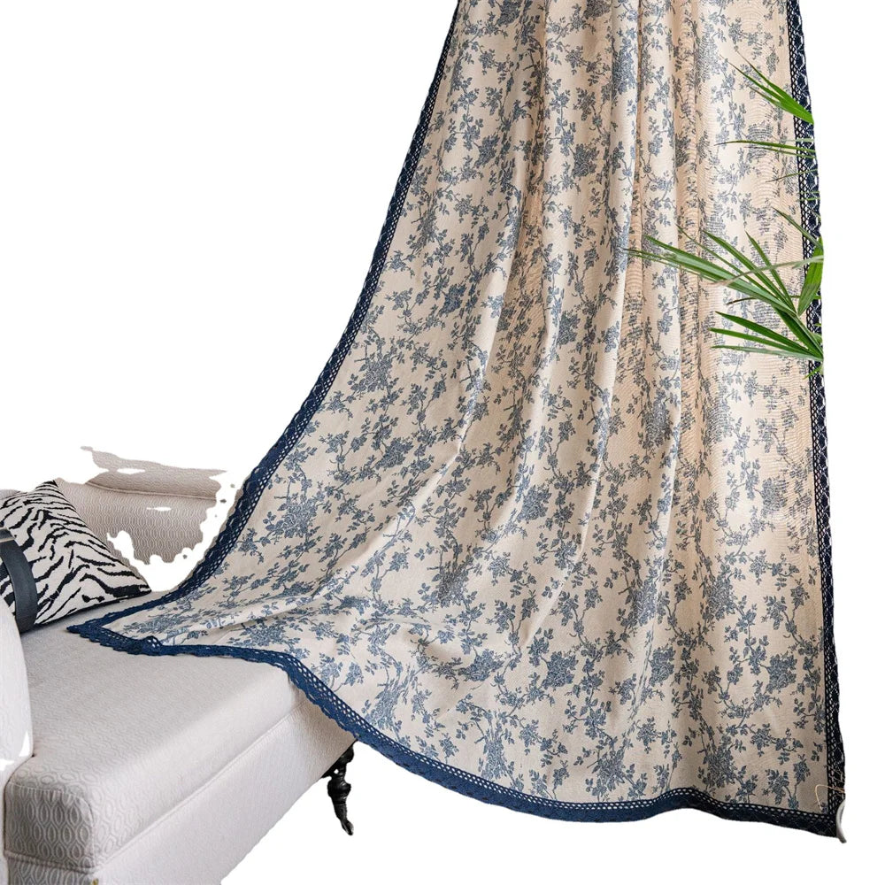 Flower Curtains for Living Room Bedroom Lace Trim Linen Curtains Farmhouse Window Drapes for Lounge Room Home Decor